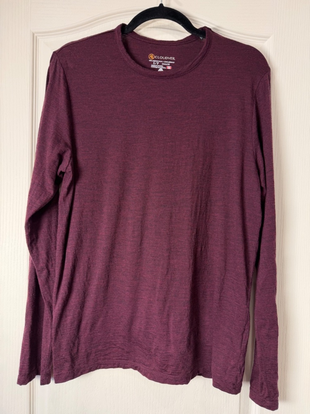 Cloudveil 100% Merino Wool Base Layer S Burgundy Long Sleeve Ski Hiking Canada